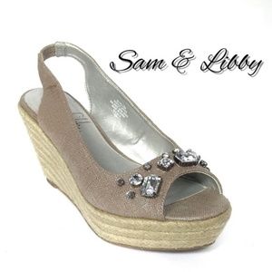 Jeweled Canvas Slingback Wedges EUC